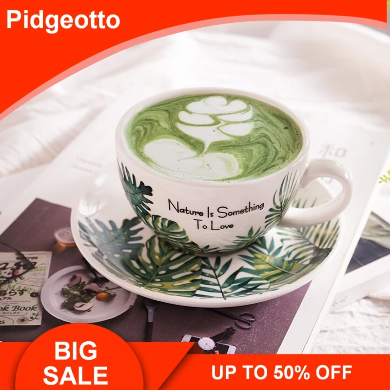 

240ml Monstera Leaves Garland Ceramic Coffee Cup With Saucer Nature Fresh Large Caliber Cappuccino Latte Cup Sets Free Shipping