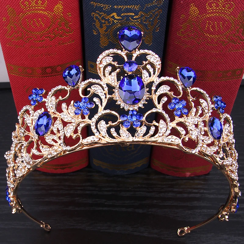 Baroque Silver Gold Color Blue Crystal Wedding Tiara Brides Headband Bridal Rhinestone Pageant Tiaras And Crowns Hair Jewelry | Украшения и
