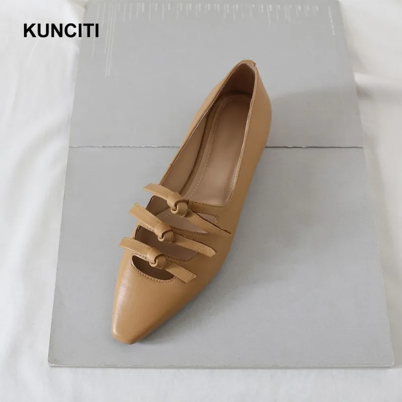 KUNCITI/ балетки на плоской подошве новые кожаные тонкие туфли с квадратным носком и бантом женские мокасины из натуральной кожи высокого качества; F9134