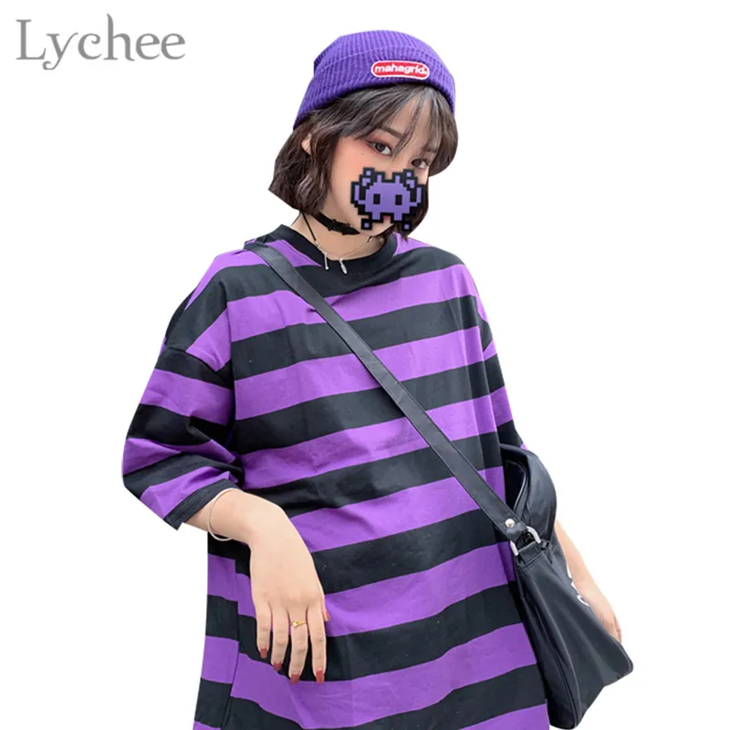 Purple Short Sleeve Lychee модная женская футболка с цветными полосками, длинный рукав, короткий рукав, круглый вырез, цветная женская футболка, Повседневная Свободная футболка - Цвет: Purple Short Sleeve