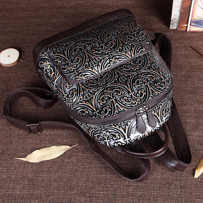 Женский рюкзак из натуральной кожи винтажный с тиснением|Женские рюкзаки| |