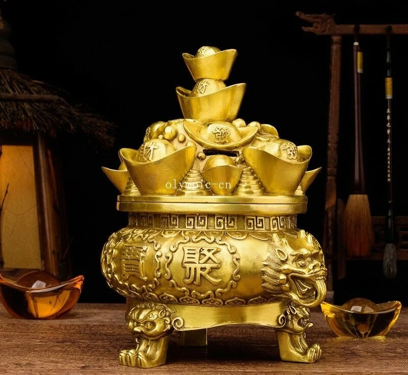 

10'' brass copper home fengshui beast foo dog lion cornucopia wealth statue