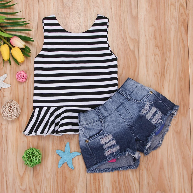 2 шт. детский джинсовый комплект из жилета и рваных шортов|children set|kids girl clothesfashion