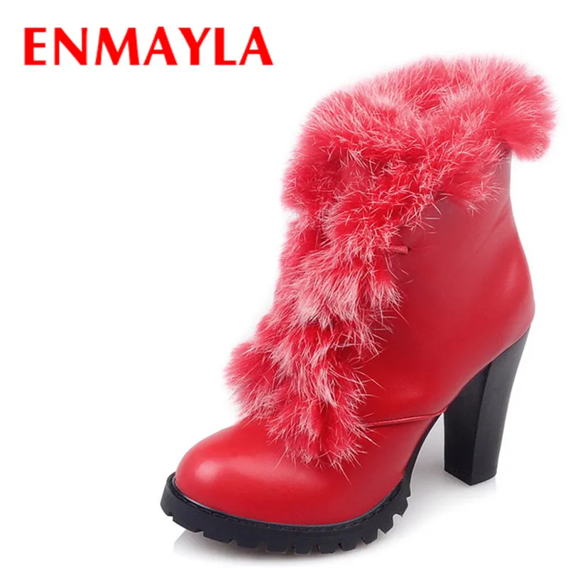 

ENMAYLA New Shoes Woman Winter High Heels Fur Lace-up Ankle Boots Red Black Charm Platform Women Boots Plus Size 34-47