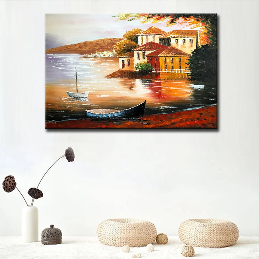 

Handmade Boat Ship Landscape Port Scenery Wall Picture 100% Hand Painted Oil Painting Canvas Wall Art Cheap Modern Oil Paintings
