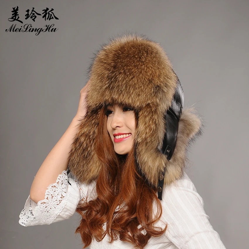 Зимняя меховая шапка для мужчин и женщин шапки из натурального меха енота модные