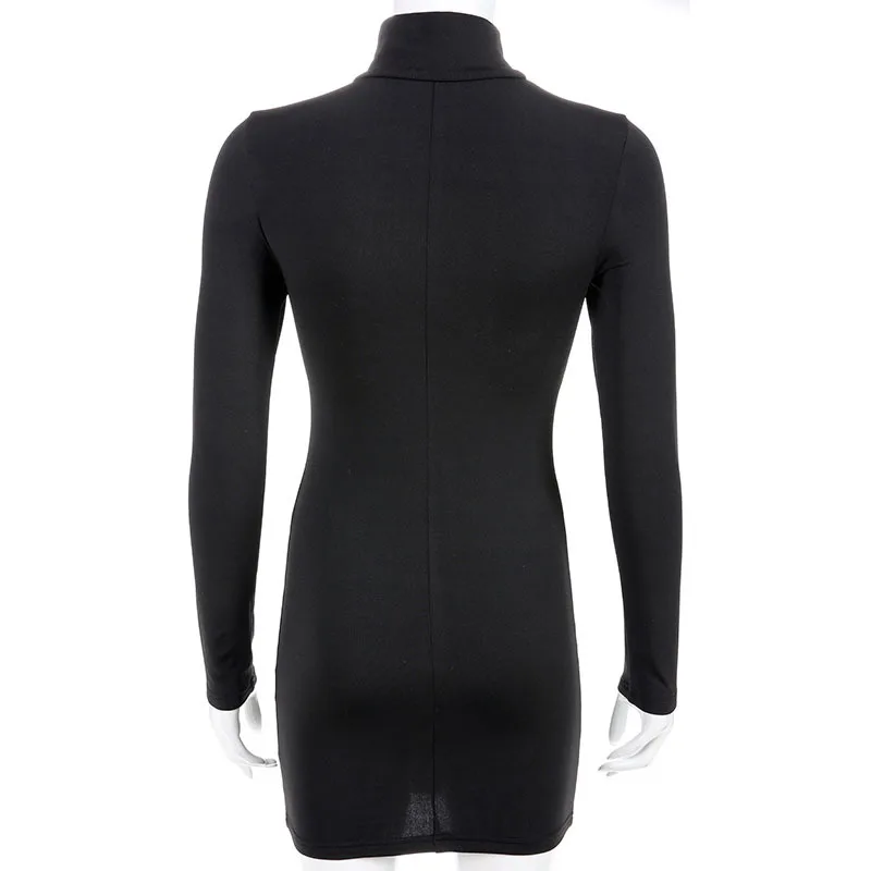

New Arrival Elegant Sexy Party Dress Women Long Sleeve Black Bodycon Turtleneck Chest Hollow Out Mini Dress Casual Dresses B937