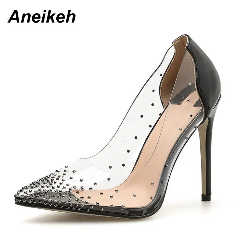 Black Aneikeh/женская свадебная обувь; модные тонкий каблук острый носок Стразы Украшения Туфли-лодочки женские туфли на высоком каблуке вечерние красный - Цвет: Black