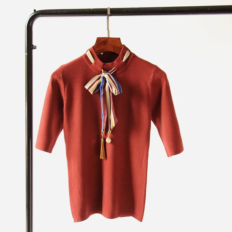 Женская футболка с бантом и жемчугом облегающие трикотажные повседневные топы