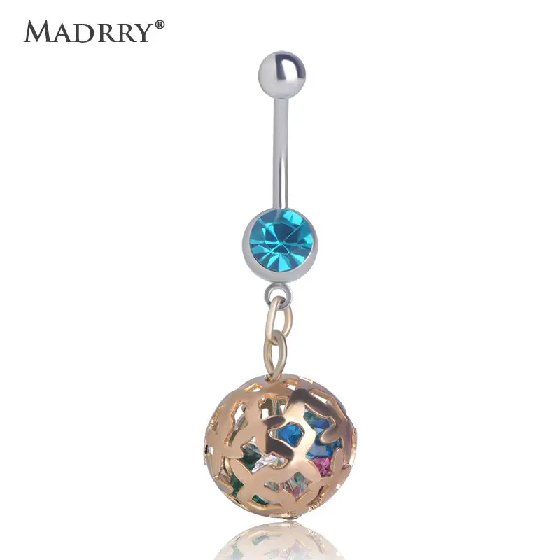 Madrry Zircon Ball Hollow Belly Button Ring Stainless Steel Long Pendant Beach Bikini Body Piercing Jewelry Rings For Women | Украшения и