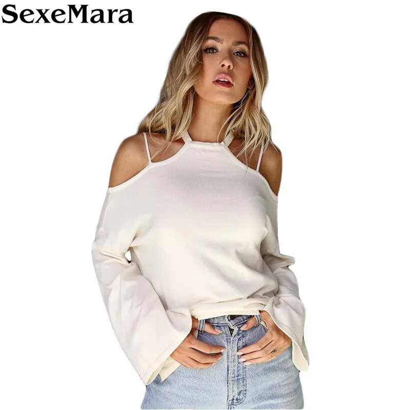 SexeMara/Новинка модная однотонная белая Осенняя футболка с открытыми плечами и