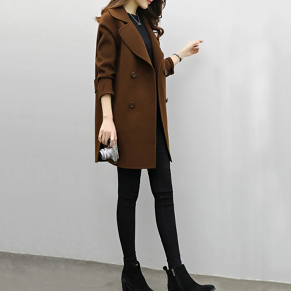 Autumn Winter Women Wool Coat Casual Turn-down Collar Long Sleeve Jacket Female Elegant Green Double Breasted Outerwear Coats | Женская