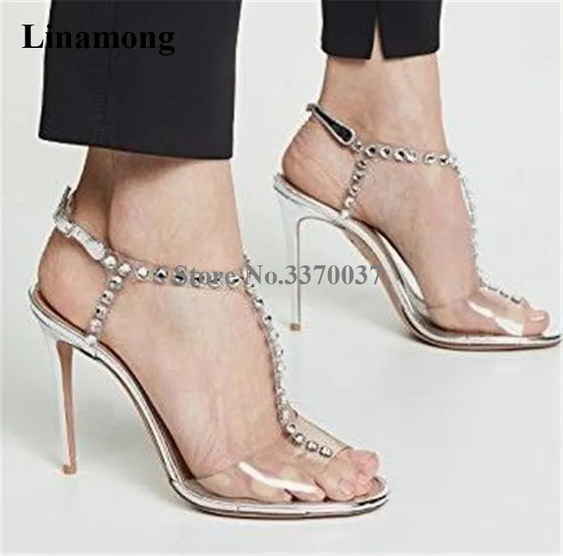 

Newest Women Fashion Peep Toe PVC Plaid Beaded T-strap Stiletto Heel Sandals Rhinestone Silver High Heel Sandals Wedding Heels