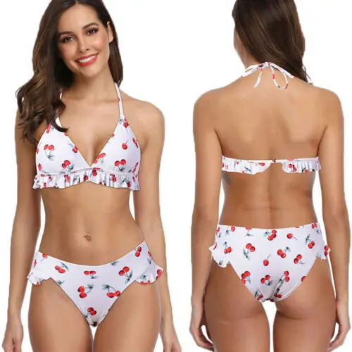 

New Bikini 2022 Women Sweet Cherry Print Low Waist Swimsuit Halter Ruffle Swimwear Female Bathing Suit Biquini