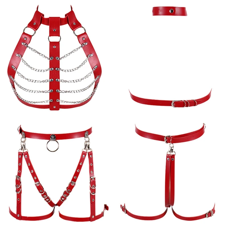 

Red Leather Body Harness Bra for Women Punk Goth Full Cage Strap Adjust Plus Size Festival Rave Sets Costume