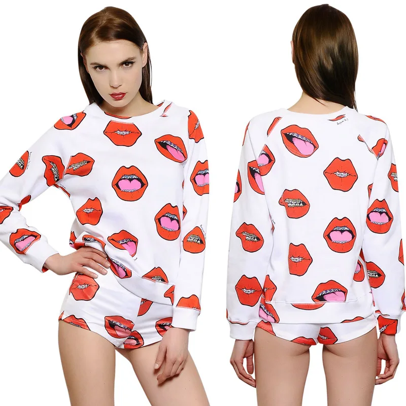 spring and summer hip-hop tide models lips printing sleeve pullover horns Sweatshirts | Женская одежда