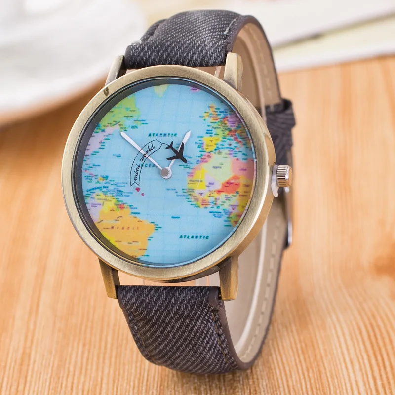 

By plane Global Travel Map Watches Men Women Fashion Casual Watch Denim Fabric Dress Sports Quartz Wrist Watch Chasy Zhenskiye