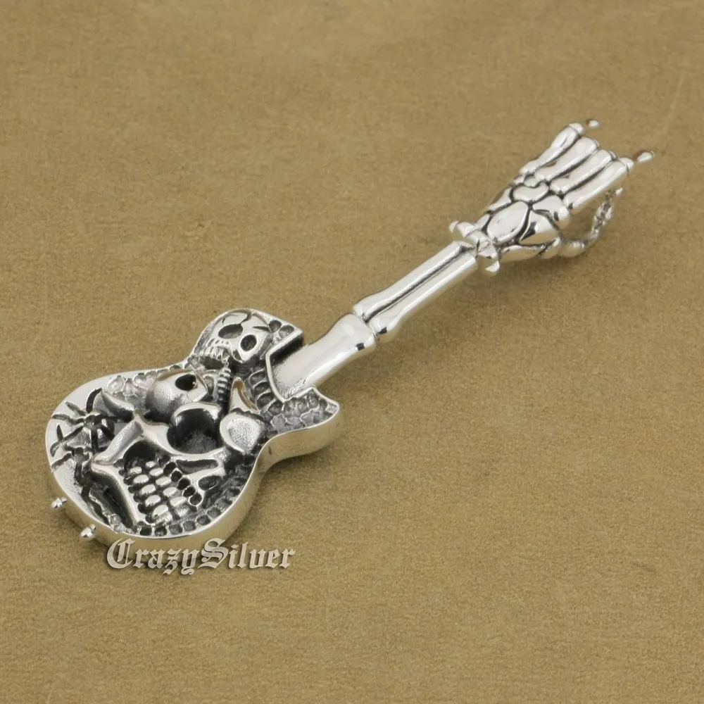 

LINSION 925 Sterling Silver Hand Bone Skull Guitar Pendant Mens Biker Rock Punk Style 9M022