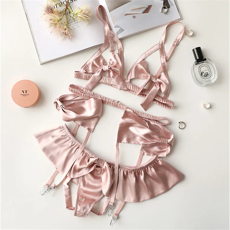 New Bow Underwear Sexy Pink 1/2 Cup Lace Babydoll Open Bra Set 3pc Bras& G-String& Net Socks& Sling Women Lingerie Nightwear