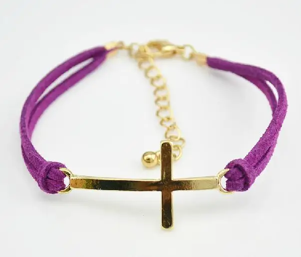 M&T(24pc/lot) Free Shipping New Hotselling Leather sideways Gold Cross Charm Bracelet 2013 Wholesale|bracelet fashion|bracelet punkcharm bracelet