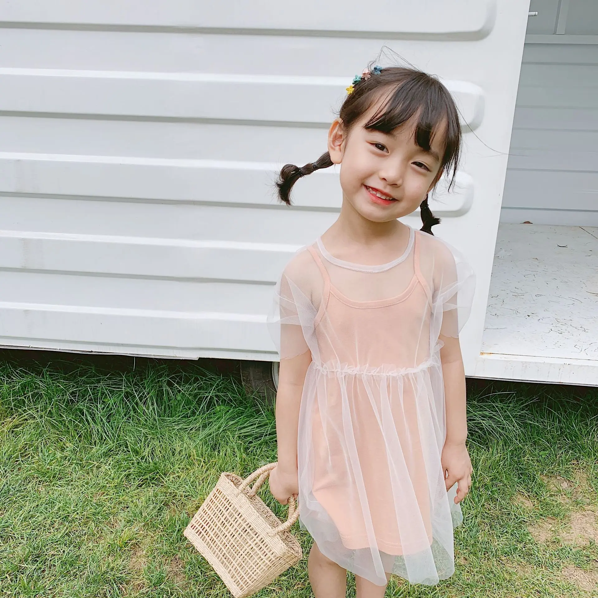 Summer Korean style sleevless solid color slip dress + mesh smock 2pcs suits for cute girls fashion casual dresses | Детская одежда и