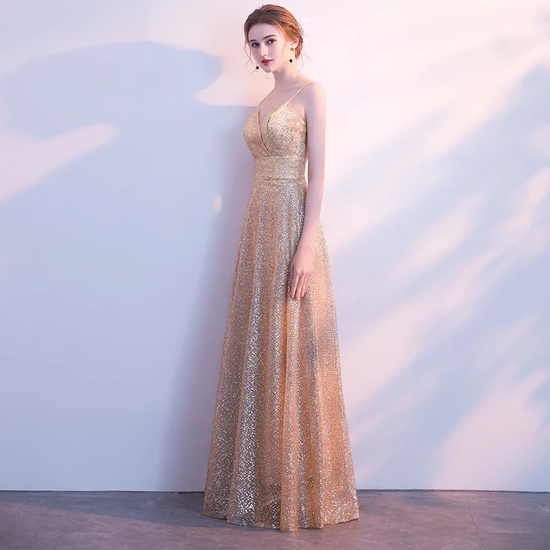 He's Bride Gold New Elegant Evening Dresses V-neck Sleeveless Floor-Length Backless Lace Sexy Prom Party Gown Robe De Soiree | Свадьбы и