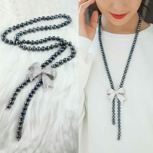 Черное жемчужное ожерелье крашеное черное из натурального жемчуга серебро 925