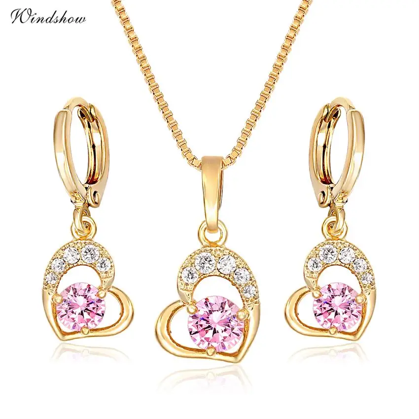 Cute Gold Color Love Heart with Pink or White CZ Drop Earrings Pendant Necklace Small Jewelry Sets for Women Children Girls Kids - Окраска металла: pink cz