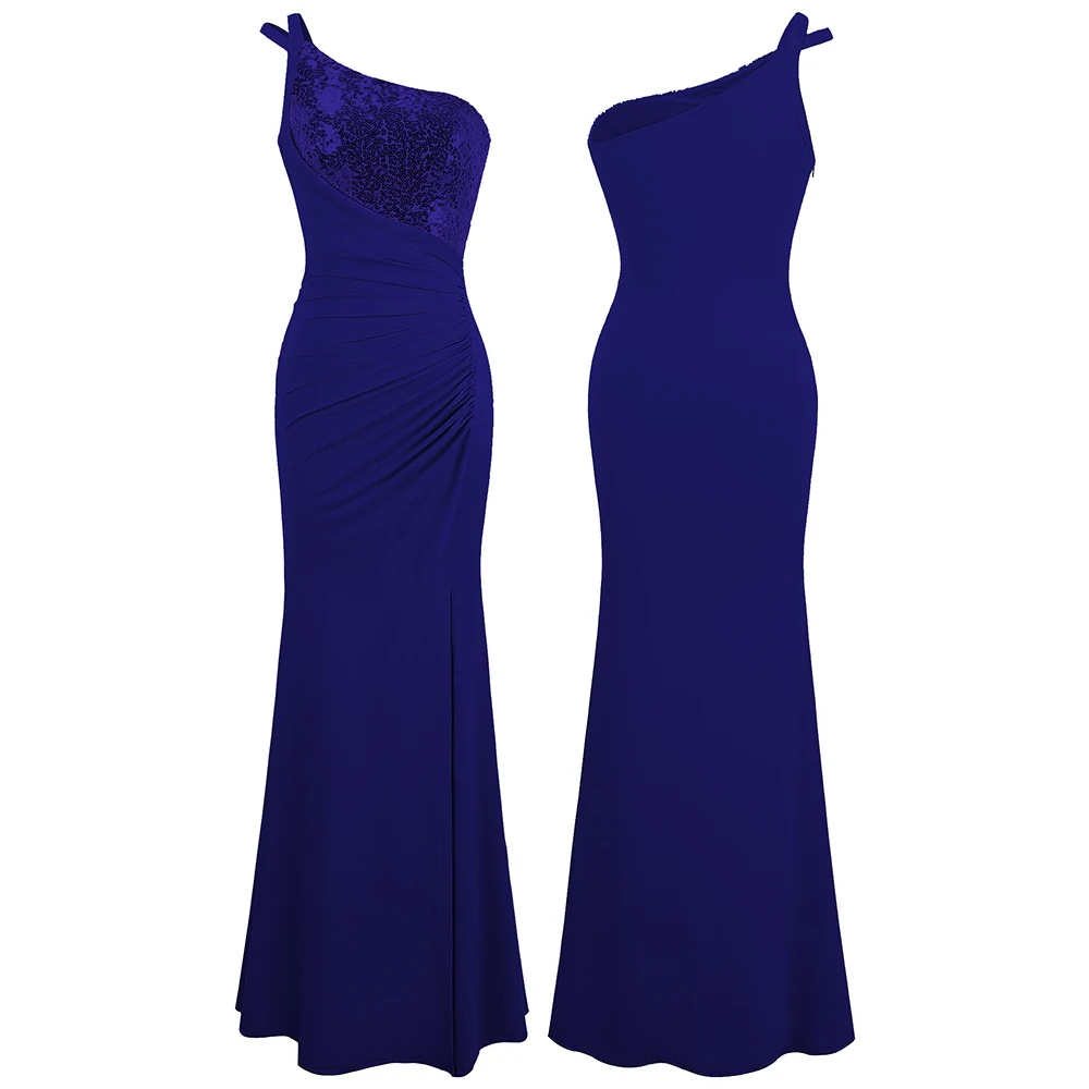 royal blue Angel-Fashion женское вечернее платье с одним плечом, длинное вечернее платье, плиссированное платье с разрезом, синий и серый цвета, 399 - Цвет: royal blue