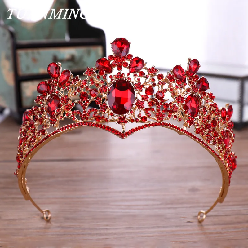 

Барокко Роскошный Красный Кристалл Свадебная Корона тиары винтажные золотые диадема тиары для женщин Свадебные аксессуары для волос