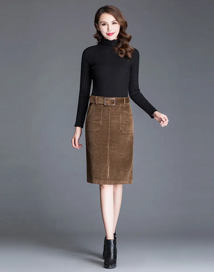 Casual Corduroy Skirts Womens Autumn Winter Black Brown Knee-Length High Waist Skirt Plus Size 3XL Ladies Slim Straight Skirt