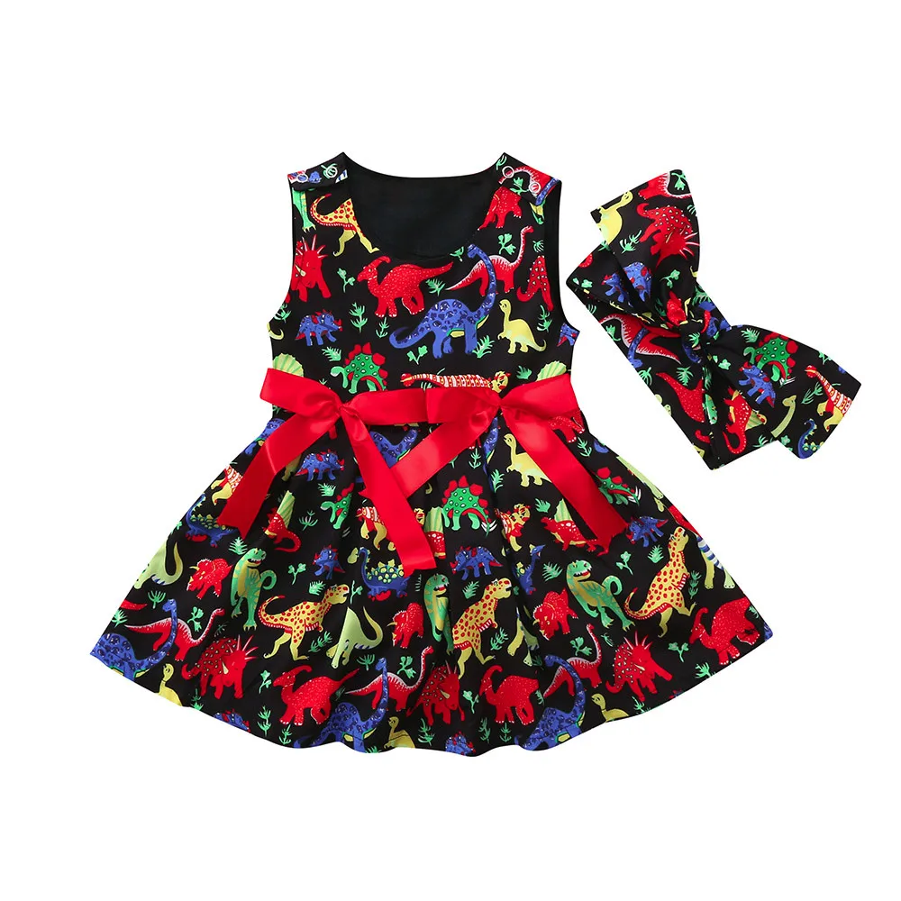 Girls dress Toddler Baby Cartoon Dinosaur Sleeveless Dress+Headband baby girl clothes Outfit vestido infantil Dropshipping | Детская