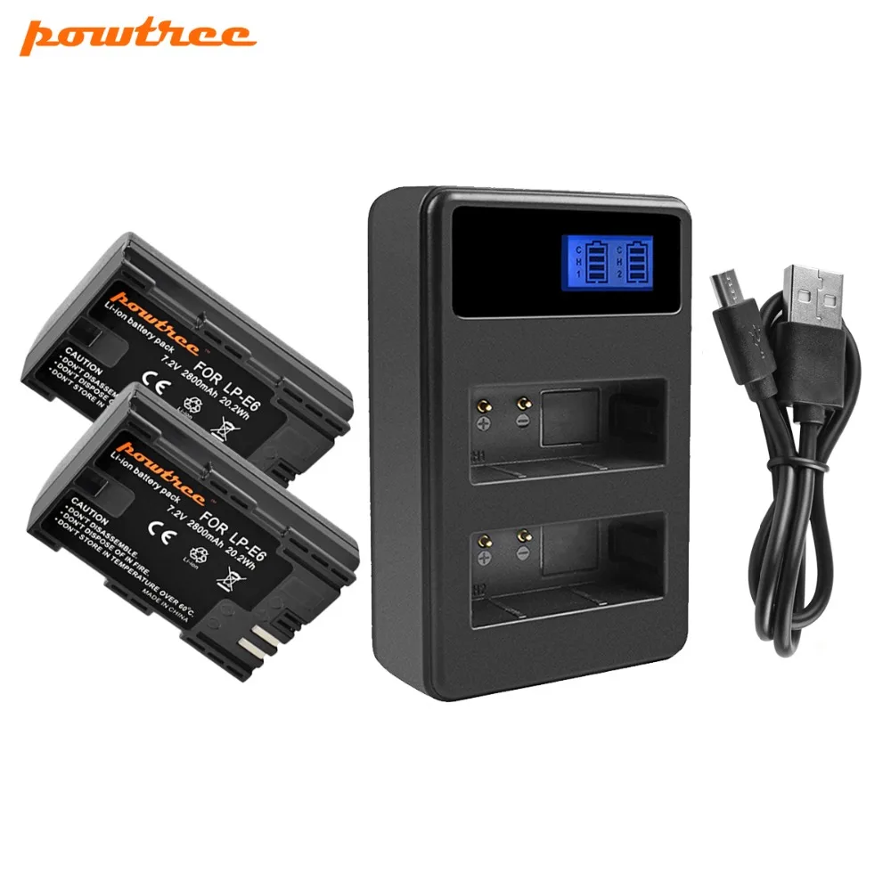 Аккумулятор Powtree для камеры Canon 2 шт. 2800 мАч 7,2 в LP-E6 LP E6 LPE6+ двойное зарядное устройство с ЖК-дисплеем для EOS 5D Mark II 5D Mark III 60D 70D
