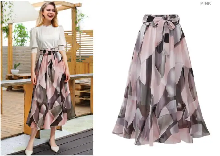 Розовый Уличная женская летняя юбка эластичная высокая талия Jupe Femme 5XL плюс Размер Falda миди розовая черная Saia юбка с цветочным принтом и бантом - Цвет: Розовый