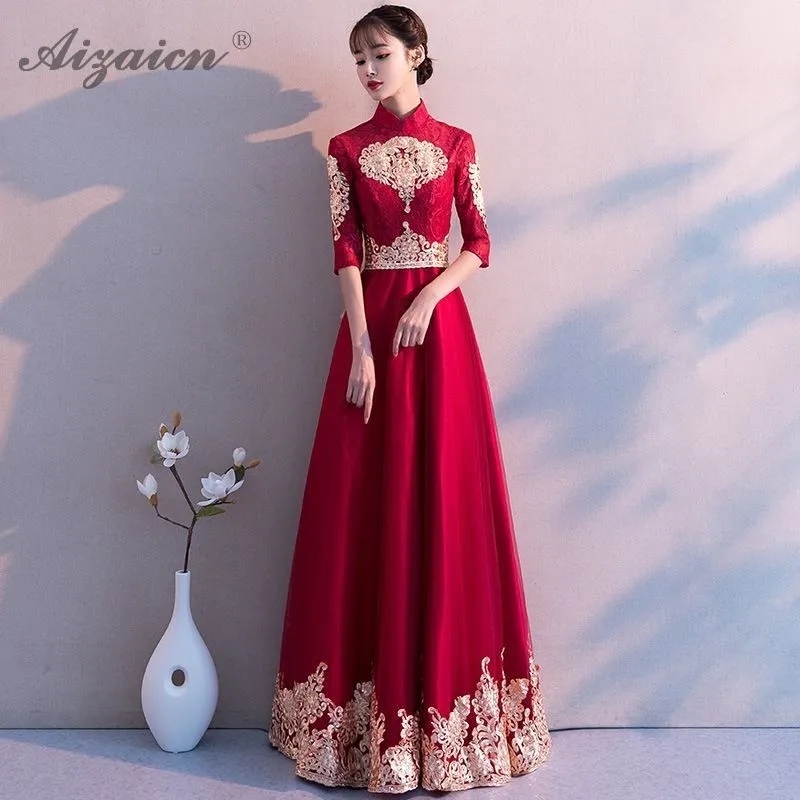 Chinoise Вечерние платья Длинные Qipao Свадебные невесты вышивка красный Традиционный ченсам китайское платье одежда Вечерние платья