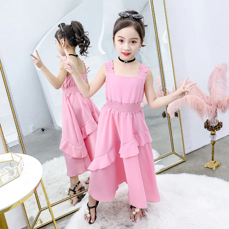 yellow chiffon ruffle backless long-dress age for 4 - 14 yrs teenage girls evening party gowns 2019 new summer sleeveless frocks | Детская
