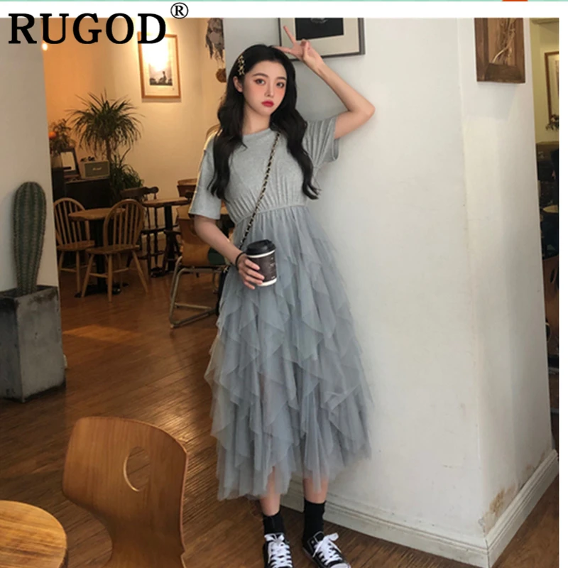 Женское плиссированное платье RUGOD Сетчатое лоскутное с высокой талией свободное
