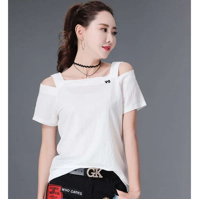 Летняя футболка для женщин с открытыми плечами Топы корректирующие короткий