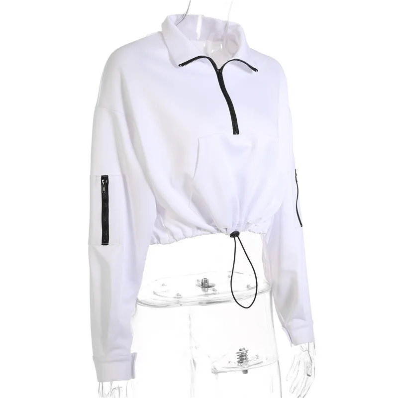 

Women Kpop Hoodie Sweatshirt Long Sleeve Cropped Drawstring White Solid Crop Pullover Hoodie Zipper Pocket Hoodies Sweatshirts