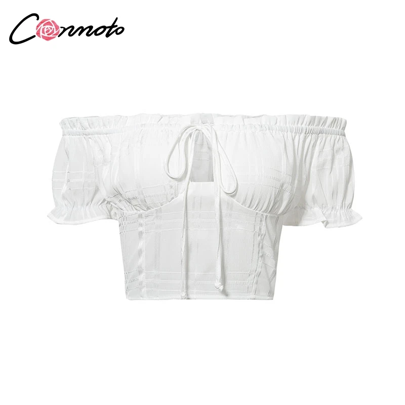 Conmoto Off Shoulder Sexy Womens Tops Shirts Solid Summer Female Shirt Beach Ruffles Lace Up Crop Top | Женская одежда