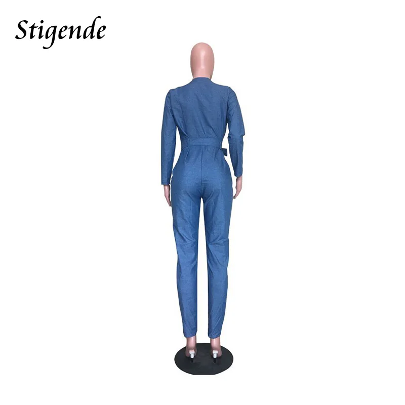 Stigende Тонкий Bodycon джинсовый комбинезон для женщин с длинным рукавом Глубокий V средства ухода за кожей Шеи джинсовый комбинезон наряды сплошной сини