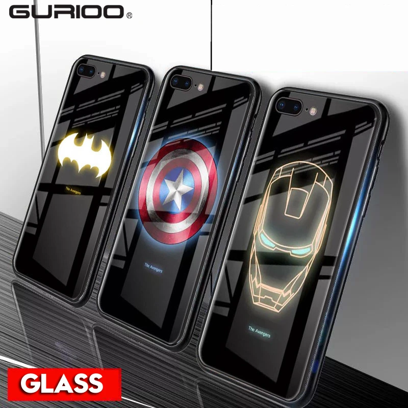 Superman Spiderman Tiger Deer Phoenix Luminous Glass Case For iphone 7 8 6 6s Plus X XR XS Max iron Man Captain America Cover | Мобильные