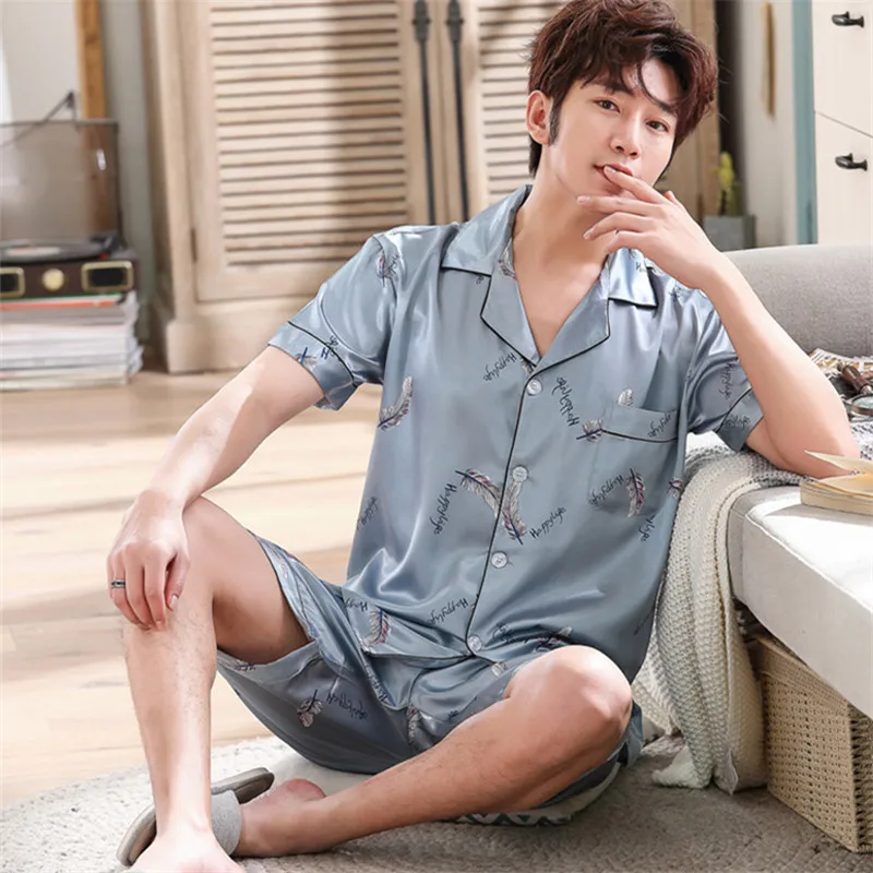 Мужская пижама с короткими рукавами летняя из искусственного шелка и полиэстера