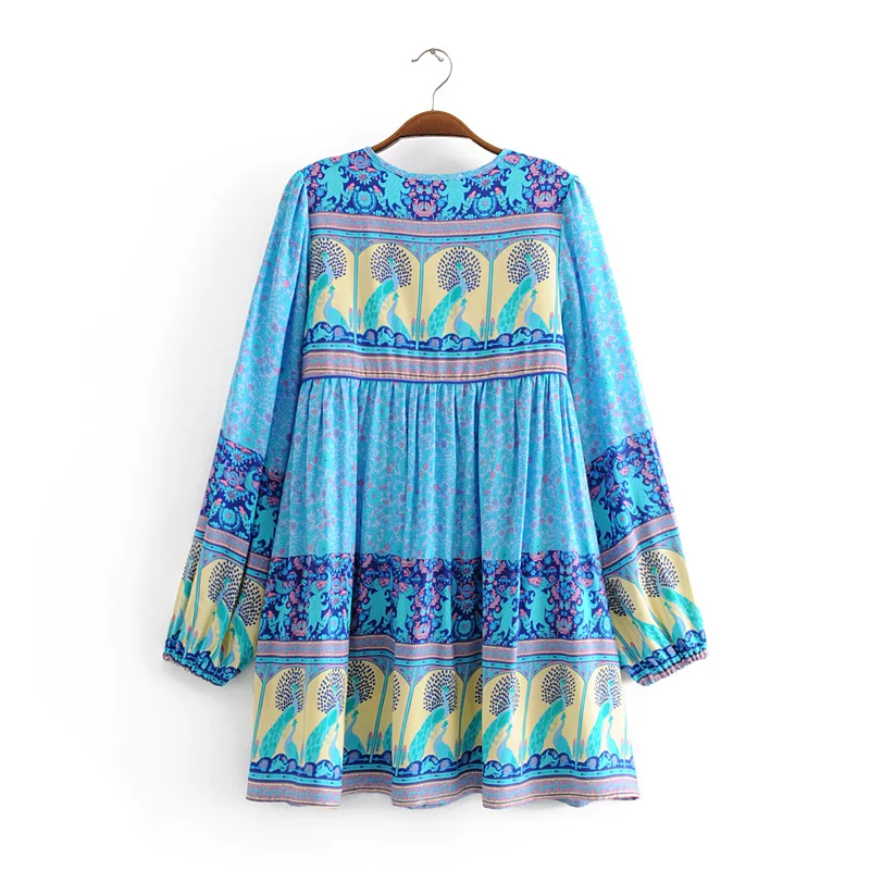 Boho шикарное летнее винтажное короткое платье с цветочным принтом павлина