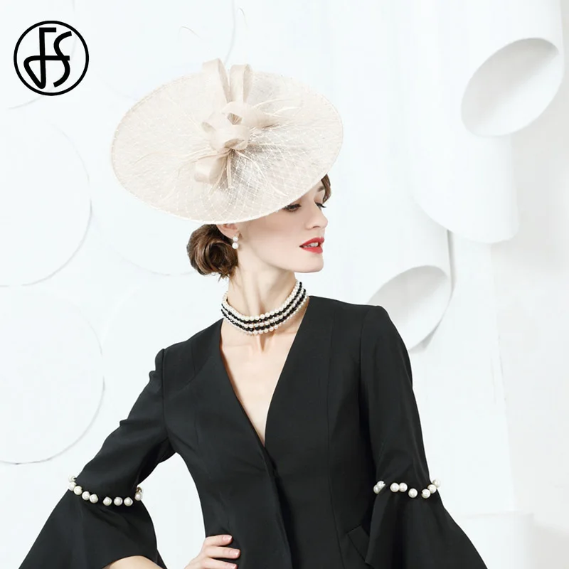 Женская льняная шляпка с бантом и перьями FS Элегантная для церкви торжественных