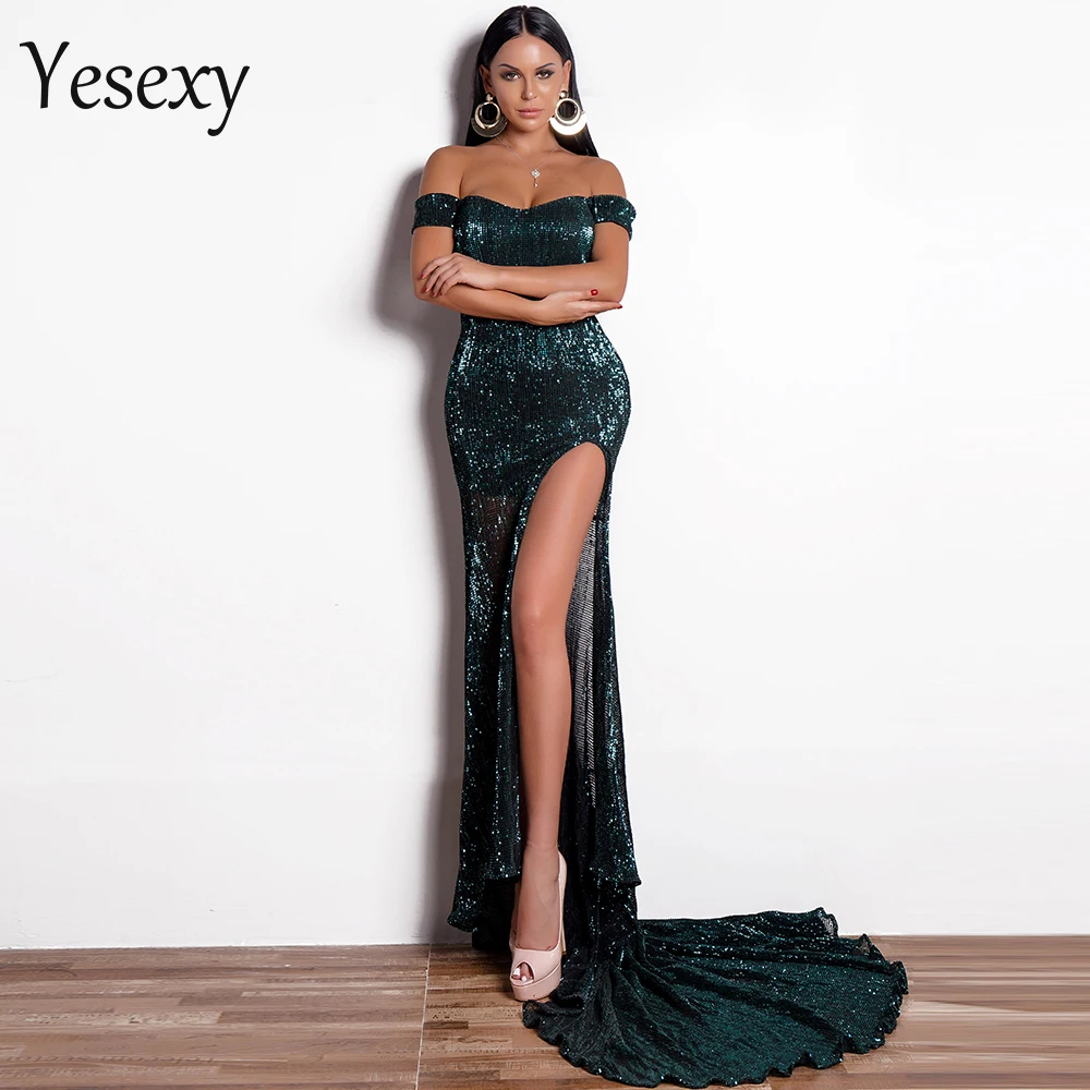 Yesexy, женский сексуальный бюстгальтер с открытыми плечами, с короткими рукавами с блестками, Платье макси с разрезом, элегантное вечернее платье, Vestdios VR9266-1