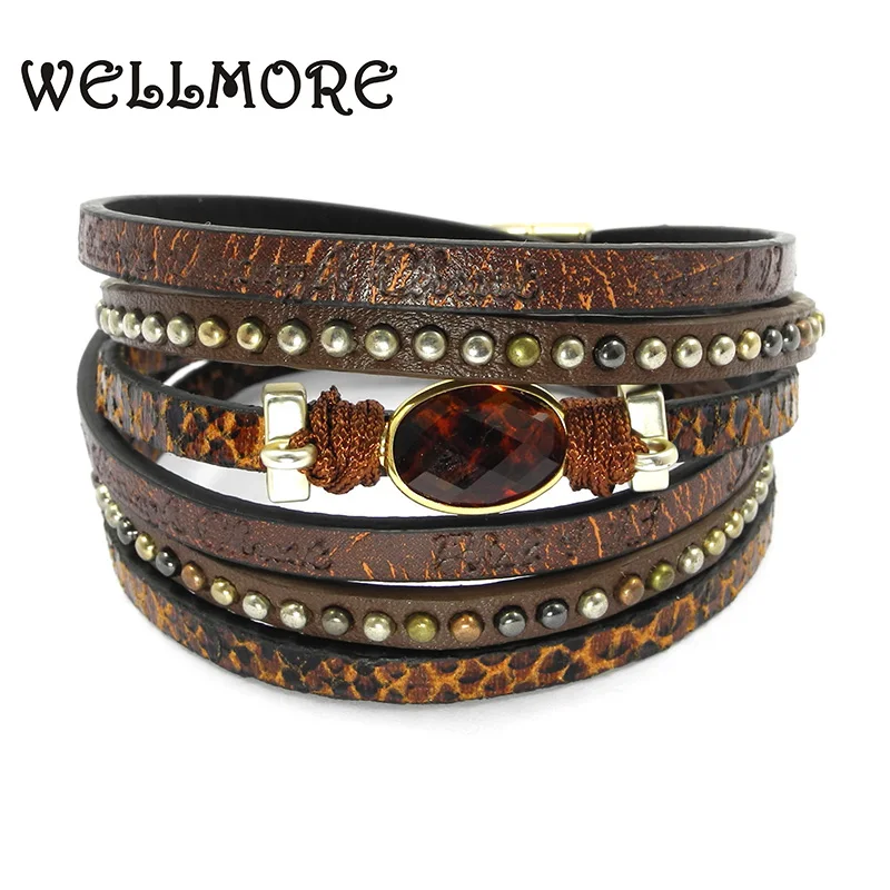 Женский кожаный браслет WELLMORE плетеный с магнитной пряжкой богемный B16060|wrap