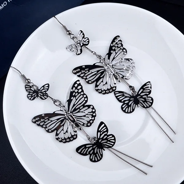 Модные полые серьги подвески с бабочками для женщин золотые Серебристые Длинные