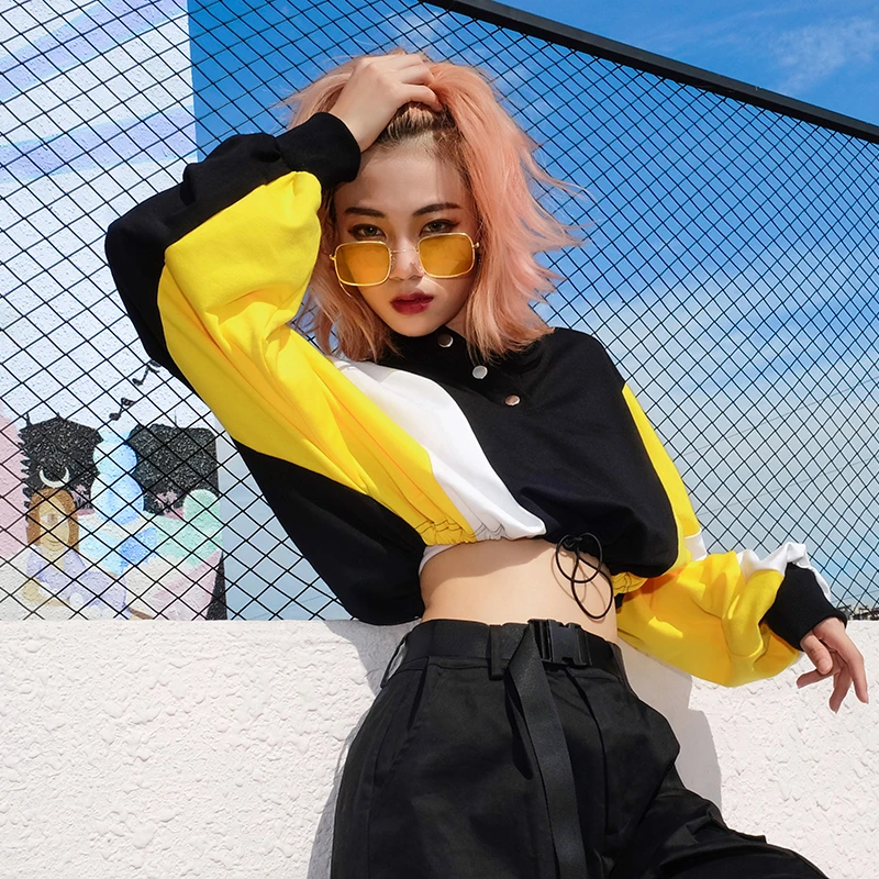 HEYounGIRL осенние Лоскутные короткие толстовки с капюшоном, кофты с длинным рукавом, черные женские короткие толстовки Harajuku, пуловер на пуговицах