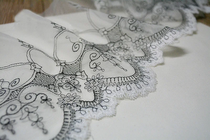 Черно-белая нить вышивка из молочного шелка кружевная ткань ручная работа